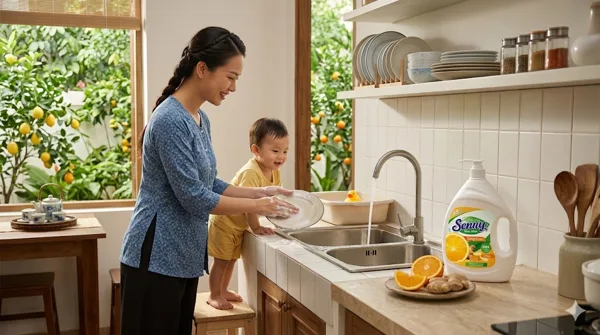 Rửa Chén Thoải Mái Không Lo Hại Da Với Senny Gừng Cam