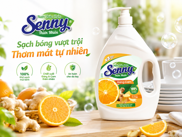 Nước rửa chén Senny Gừng Cam: Bí quyết đánh bay dầu mỡ, bảo vệ da tay từ thiên nhiên