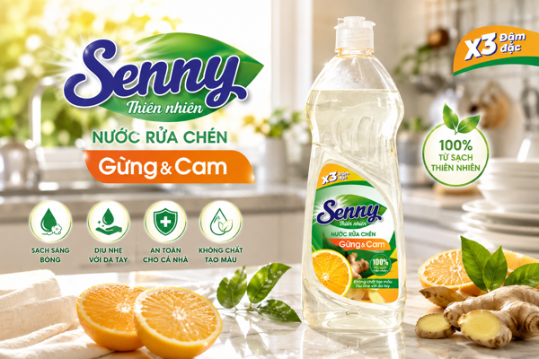 Review Nước Rửa Chén Senny Gừng & Cam Đậm Đặc X3: Sạch Dầu Mỡ, An Toàn Cho Da Tay