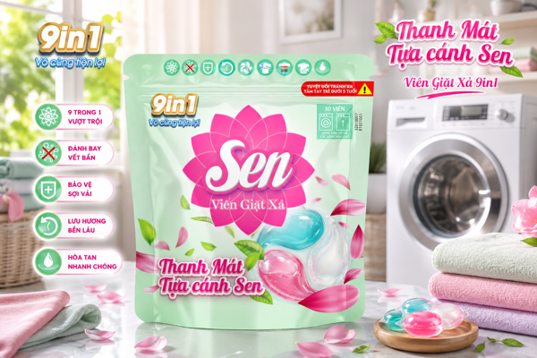 Viên Giặt Xả Sen Thanh Mát Tựa Cánh Sen – Tiện Lợi 9in1, 30 Viên Cho Máy Giặt