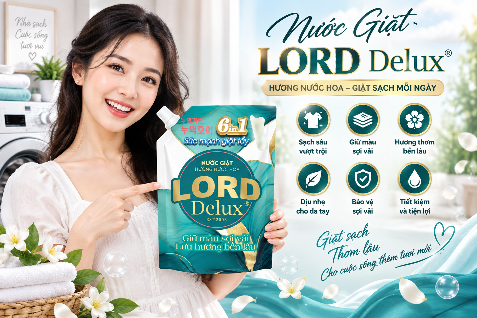Nước Giặt LORD Delux 3KG – Hương Nước Hoa, Giặt Sạch, Giữ Màu Sợi Vải