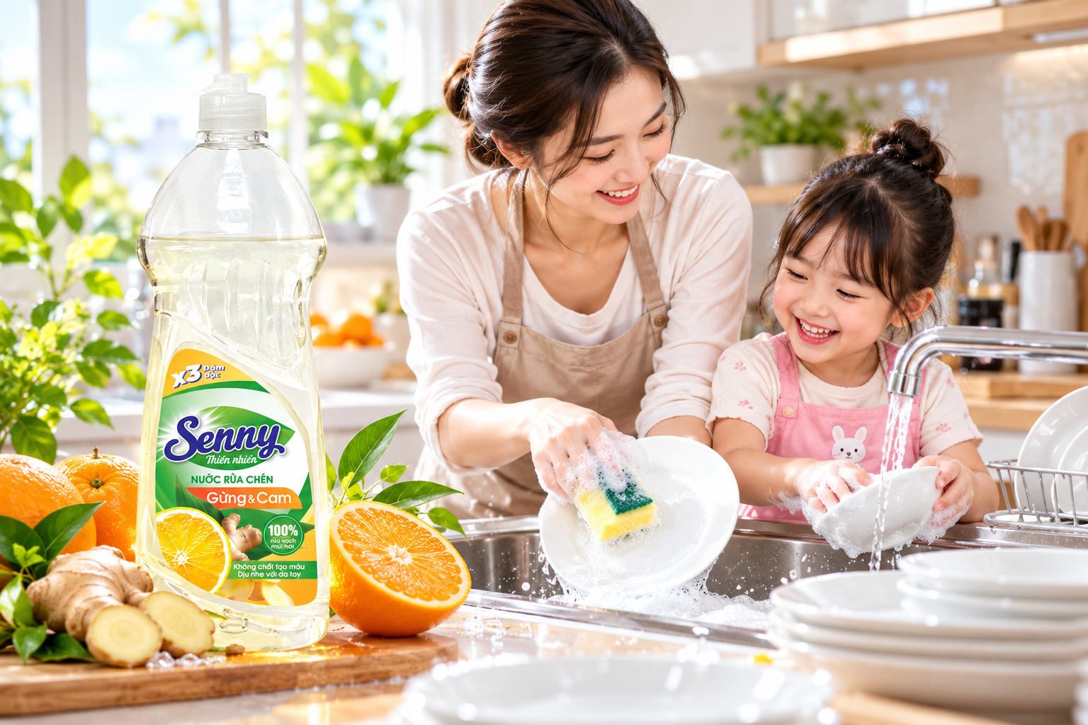Nước Rửa Chén Senny Gừng & Cam – Đậm Đặc, Sạch Bóng Bát Đĩa, Dịu Nhẹ Với Da Tay