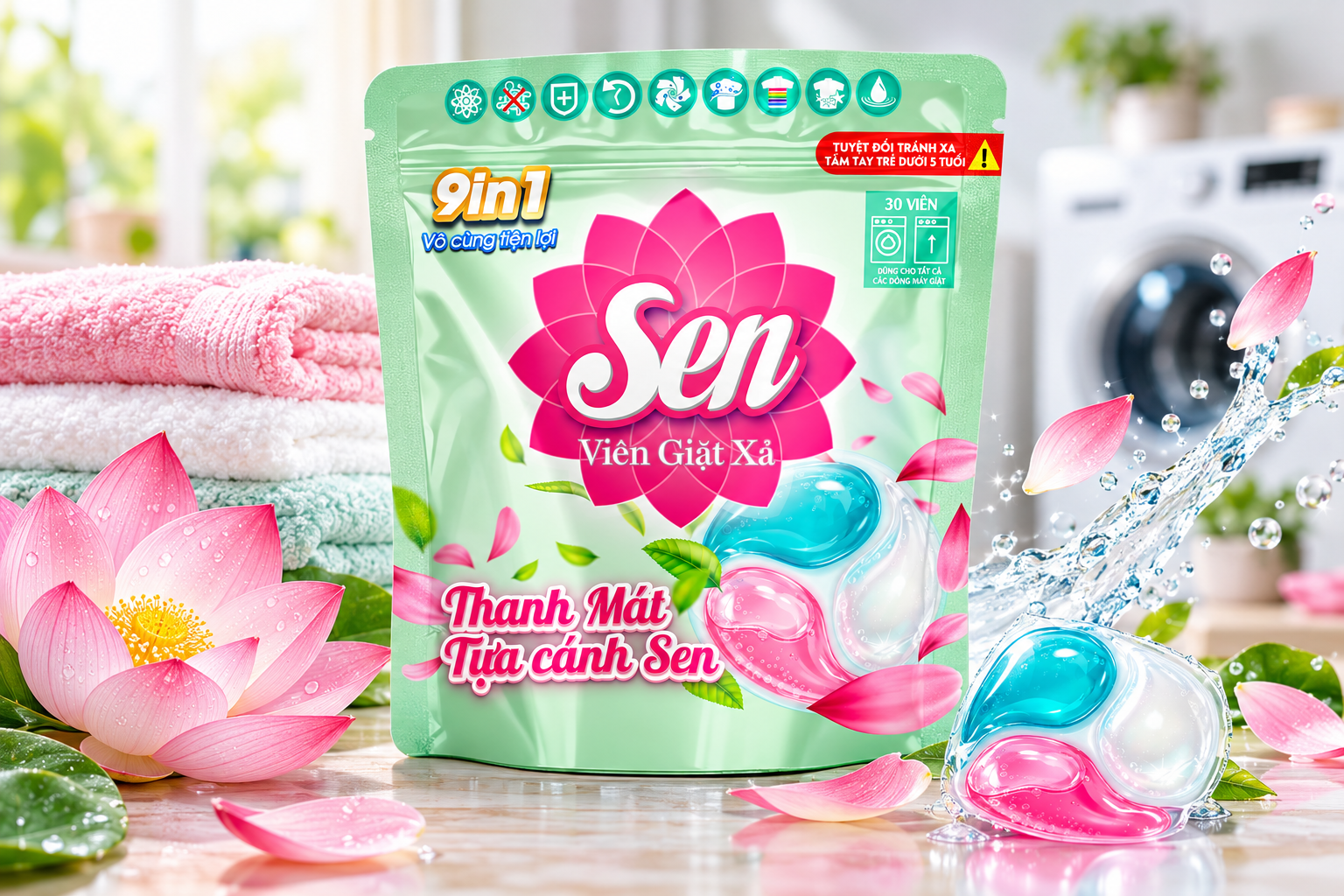 Viên Giặt Xả Sen 9in1 – Giặt Giũ Tiện Lợi, Thanh Mát Tựa Cánh Sen