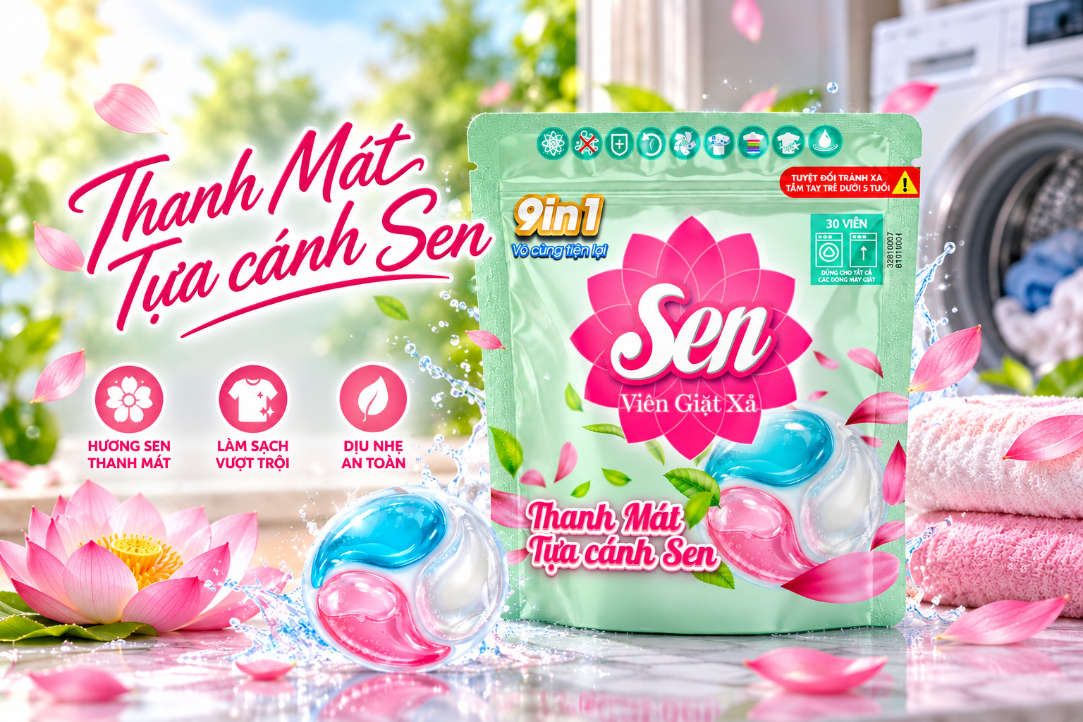 Viên Giặt Xả Sen 9in1 – Thanh Mát Tựa Cánh Sen, Tiện Lợi Mỗi Ngày